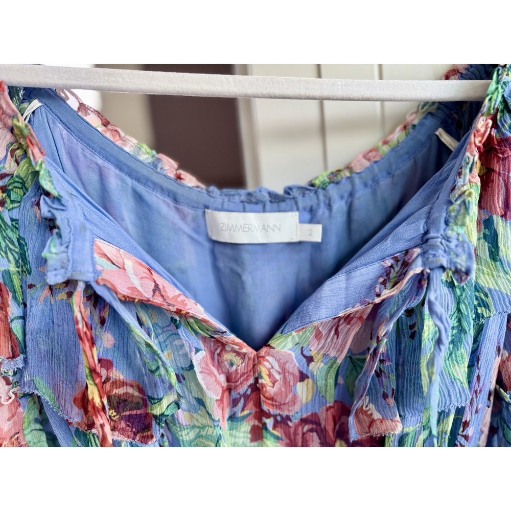 Zimmermann Winsome Sky Sunbleach Floral 100% Silk Ruffle Mini Dress Size 2 M 6/8 - Picture 7 of 16